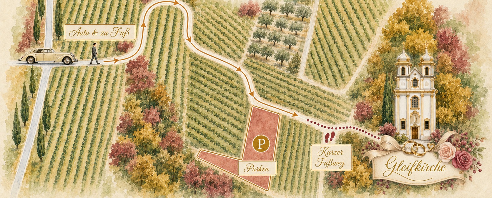 Illustrierter Lageplan zur Anfahrt zur Gleifkirche mit Parkplatz und kurzem Fußweg